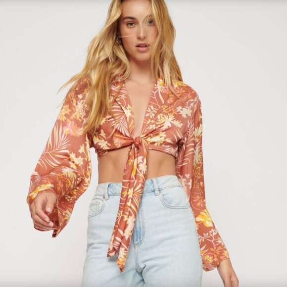 Dynamite SET Heidi Flowy Wide Leg Pants Maeve Tie Front Top Satin Floral Small - Picture 9 of 9